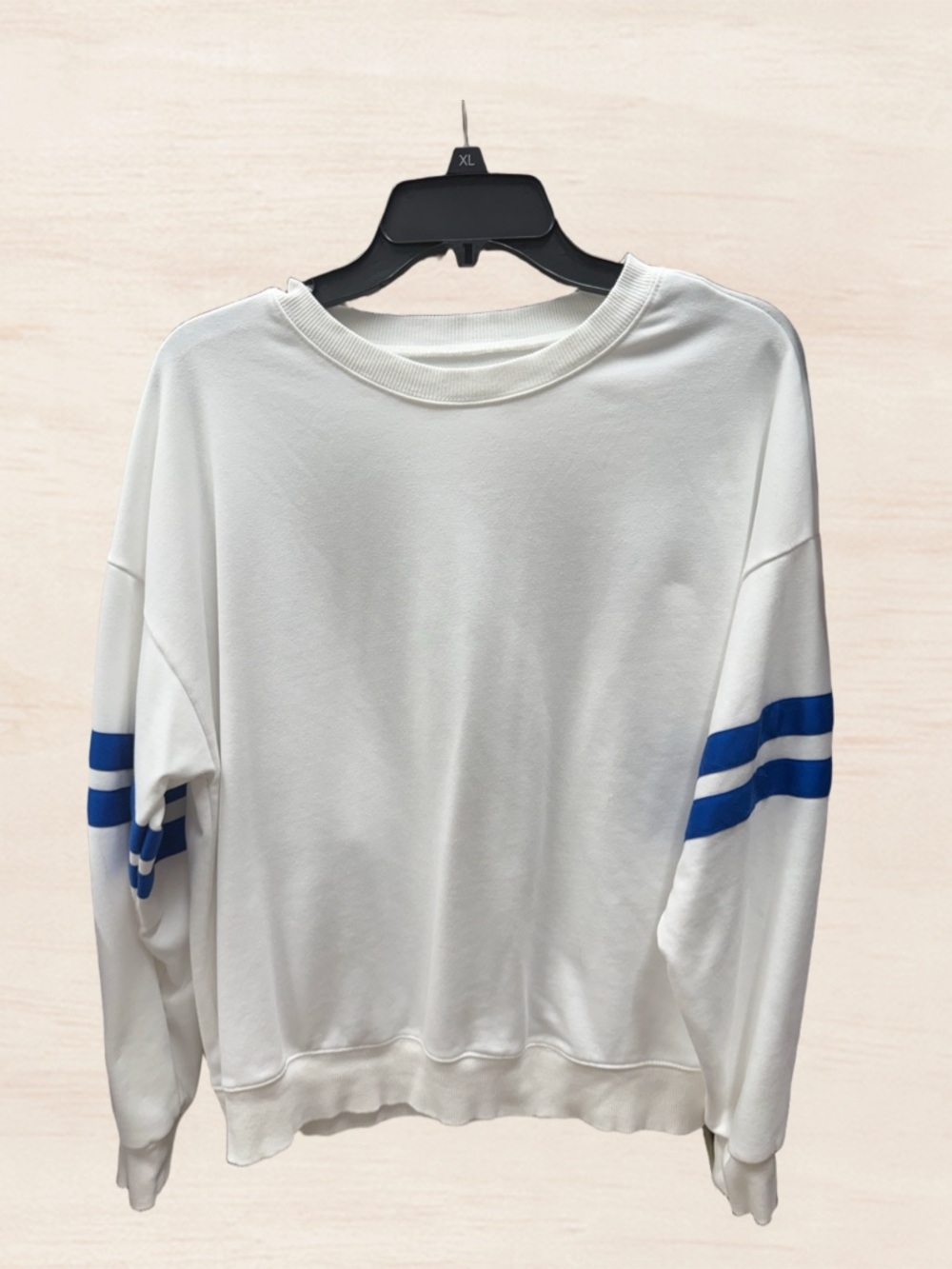 Classic White Crewneck Sweatshirt with Blue Sleeve Stripes - Men